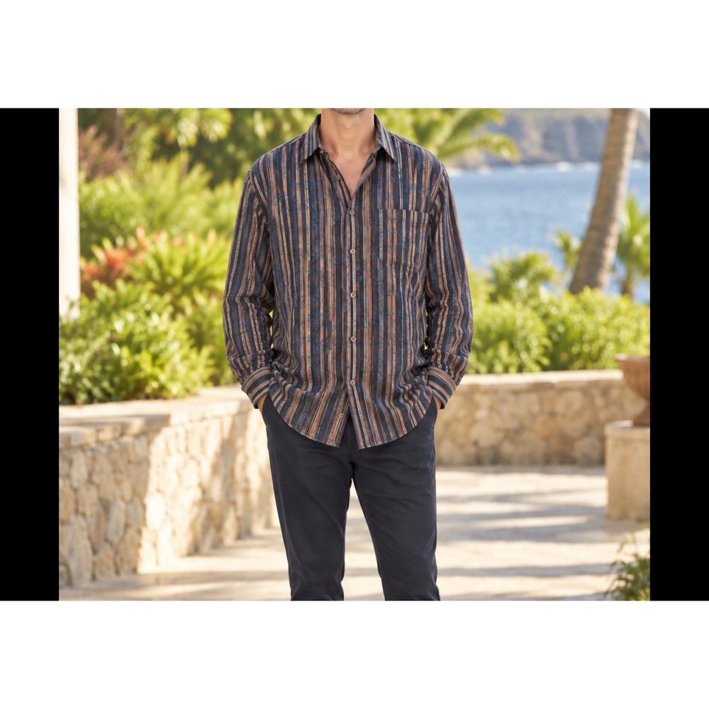 Tommy Bahama Mens Long Sleeve Shirt Button Up Navy Stripe XXL TTG Jacquard